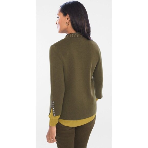 Chicos Military Embellished Cardigan Ambered Olive 3/4 Sleeves High Neck Large - Picture 8 of 12